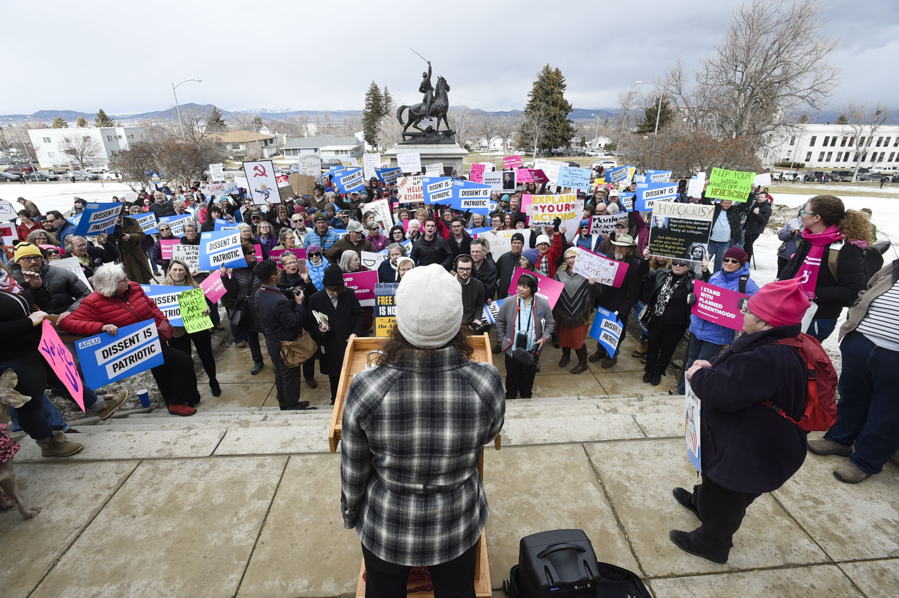 Hundreds of protesters gather to "Bring the Town Hall to Steve Daines"